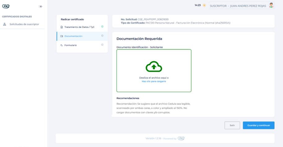 Pantalla "Documentación Requerida" en GSE mostrando el recuadro de carga con el icono de la nube